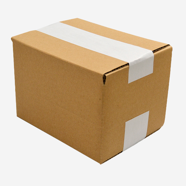 Caja precintada con Cinta de papel engomado blanco liso 48 mm x 200m 70 gr.