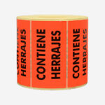 Etiquetas “CONTIENE HERRAJES” rojo flúor 90 x 50 mm