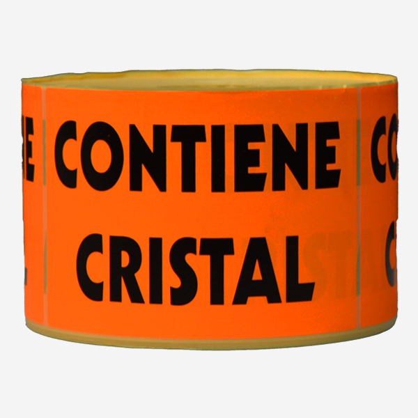 Etiquetas "CONTIENE CRISTAL" rojo flúor