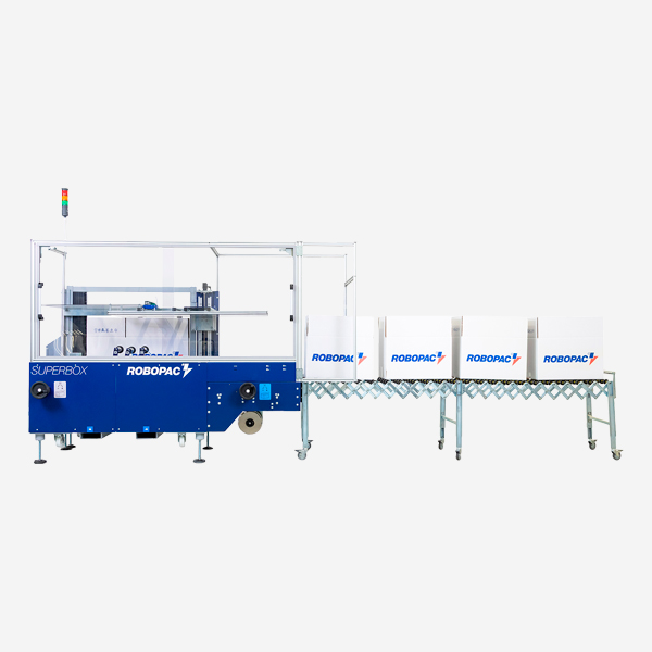 Formadora automática de cajas Superbox 60 HD frontal con tramo rodillos y cajas